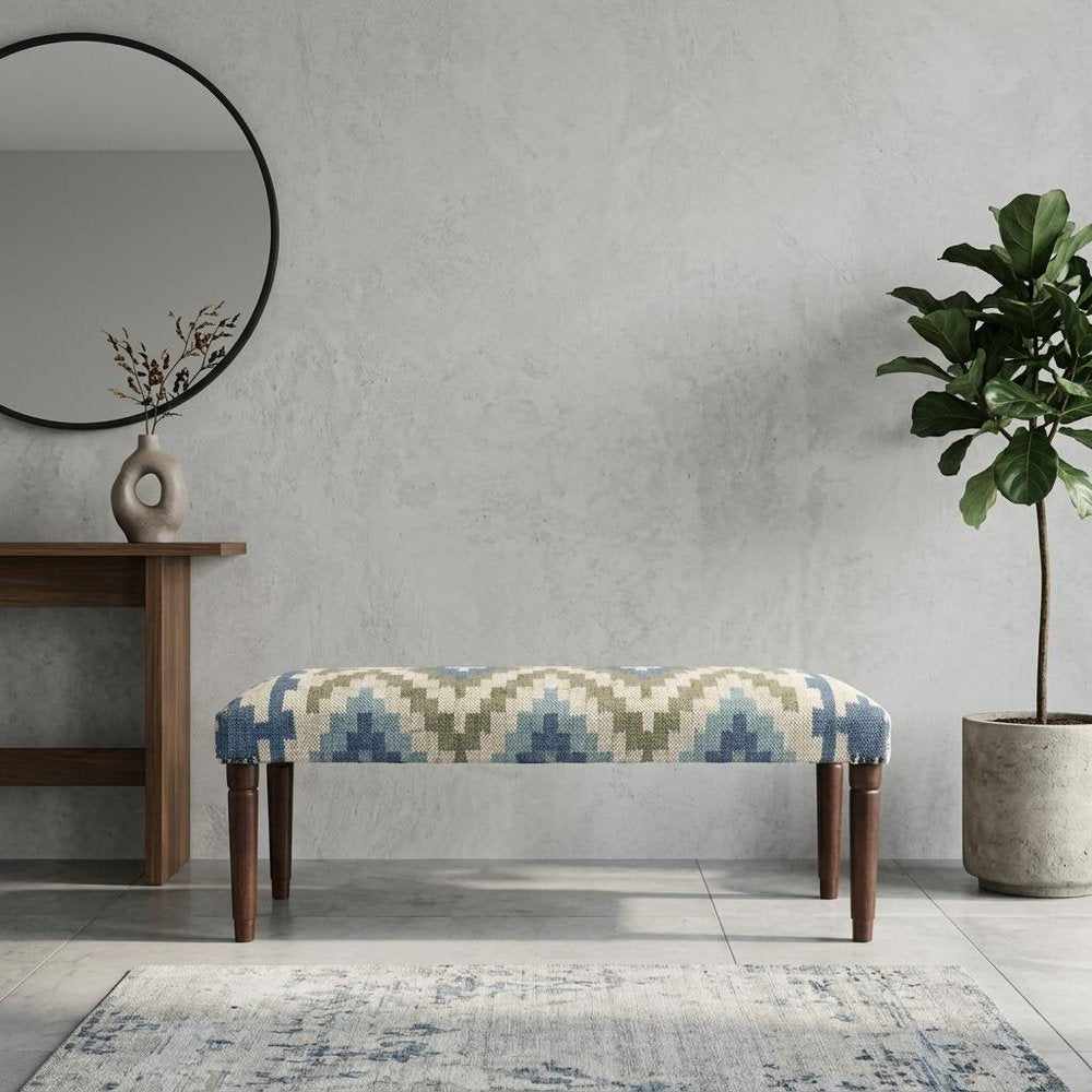 47" Blue Sage And Brown Geometric Jute Wool And Solid Wood Upholstered Bench