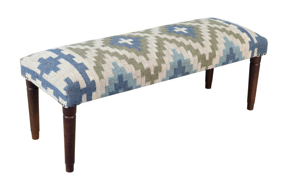 47" Blue Sage And Brown Geometric Jute Wool And Solid Wood Upholstered Bench — view 1