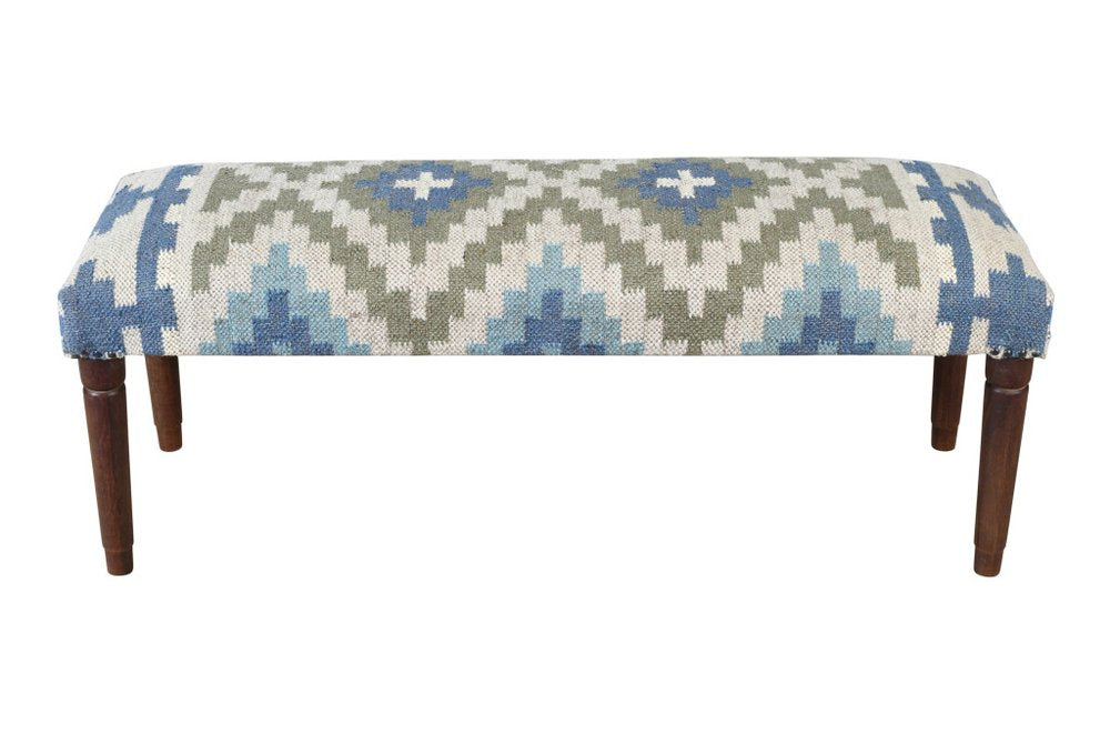 47" Blue Sage And Brown Geometric Jute Wool And Solid Wood Upholstered Bench