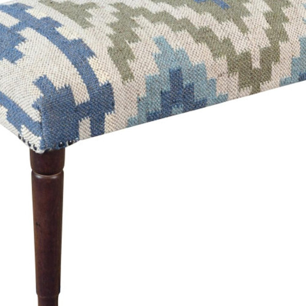 47" Blue Sage And Brown Geometric Jute Wool And Solid Wood Upholstered Bench