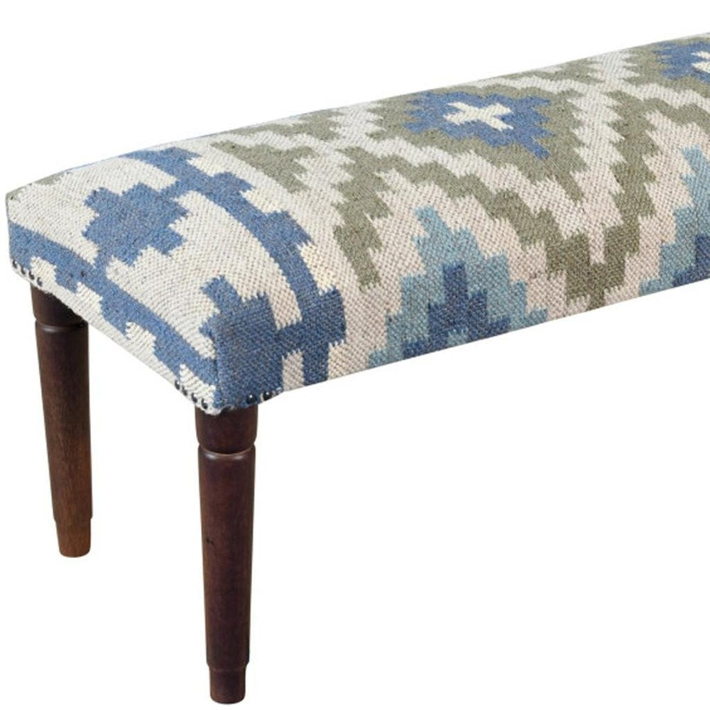 47" Blue Sage And Brown Geometric Jute Wool And Solid Wood Upholstered Bench — view 3