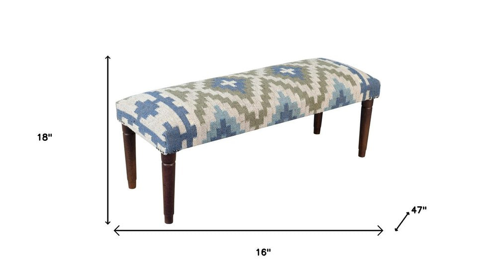 47" Blue Sage And Brown Geometric Jute Wool And Solid Wood Upholstered Bench — view 4
