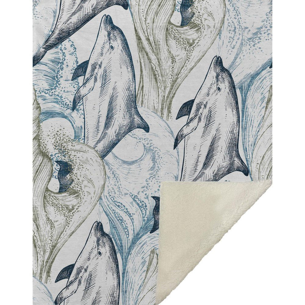 50" X 70" Ivory And Blue Animal Print Polyester Woven Plush Throw Blanket HomeRoots