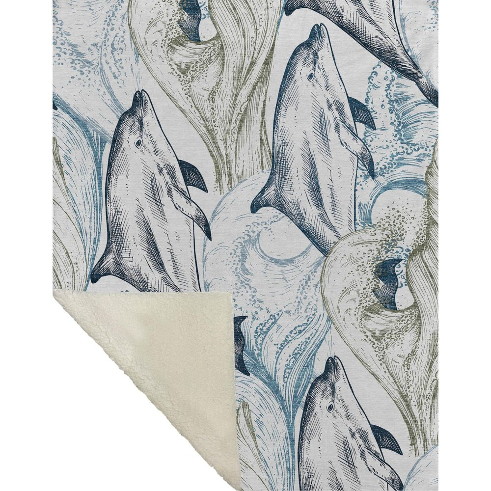 50" X 70" Ivory And Blue Animal Print Polyester Woven Plush Throw Blanket HomeRoots