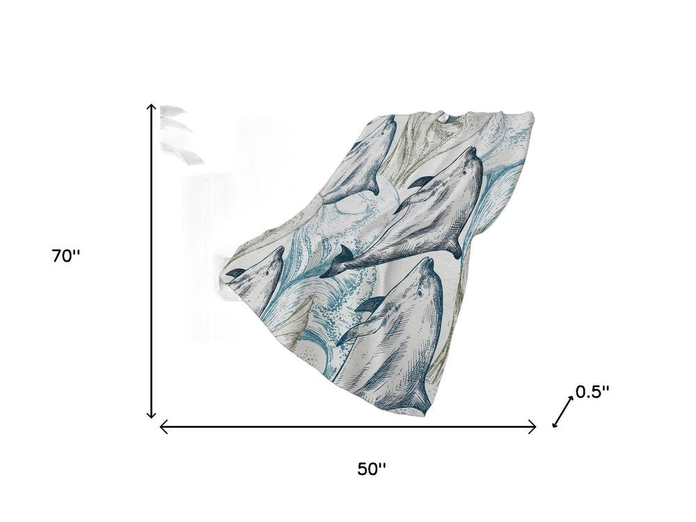 50" X 70" Ivory And Blue Animal Print Polyester Woven Plush Throw Blanket HomeRoots
