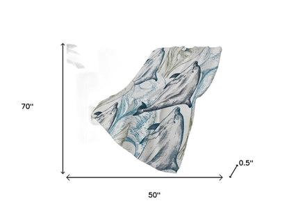 50" X 70" Ivory And Blue Animal Print Polyester Woven Plush Throw Blanket HomeRoots