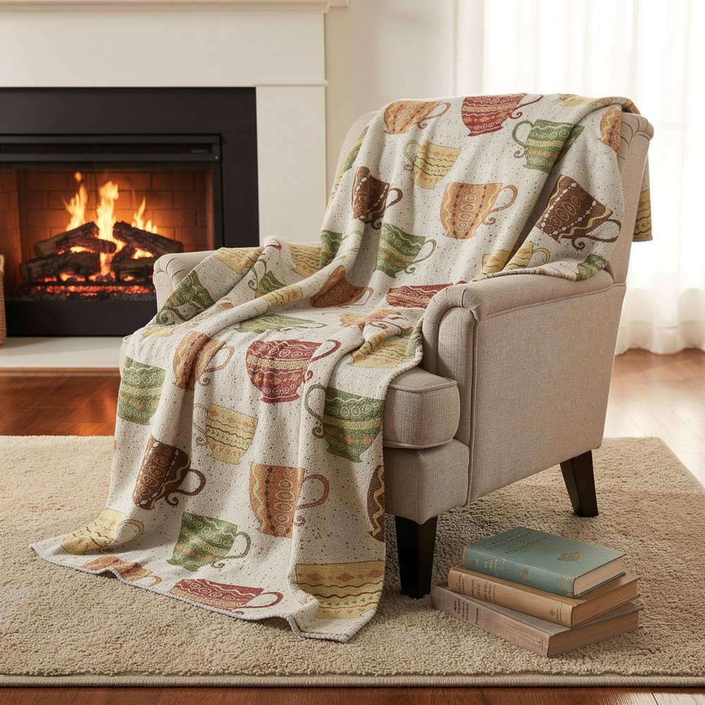 50" X 70" Ivory Orange And Green Teacups Microfiber Plush Throw Blanket HomeRoots