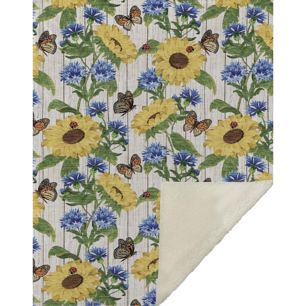 50" X 70" Ivory And Yellow Sunflower Floral Microfiber Plush Throw Blanket HomeRoots