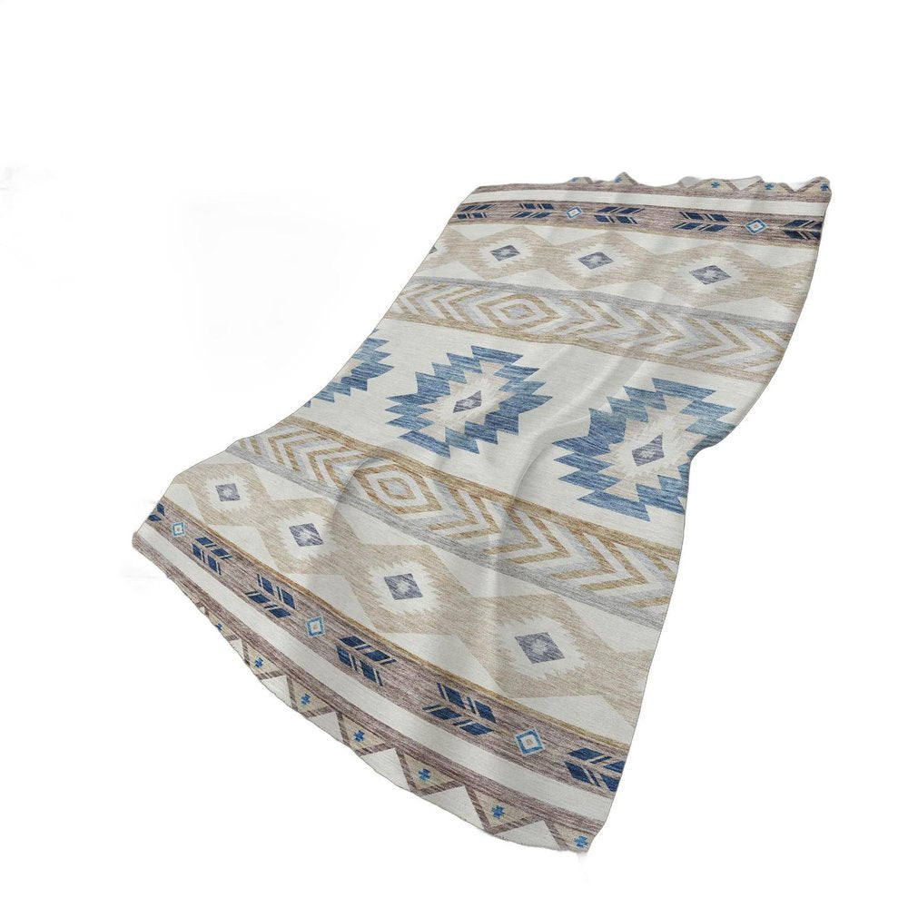 50" X 70" Taupe Blue And Ivory Geometric Polyester Woven Plush Throw Blanket HomeRoots