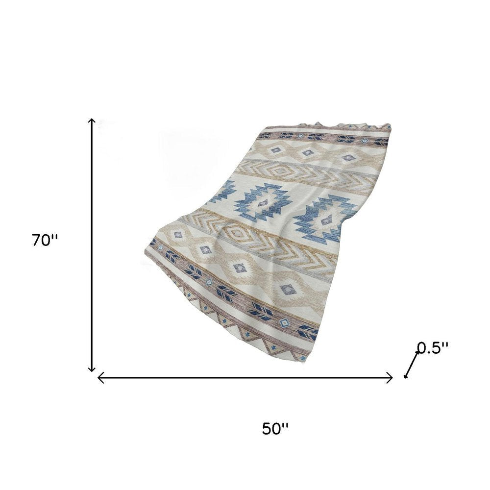 50" X 70" Taupe Blue And Ivory Geometric Polyester Woven Plush Throw Blanket HomeRoots