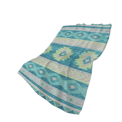 50" X 70" Teal Lime Green And Beige Geometric Polyester Woven Plush Throw Blanket HomeRoots