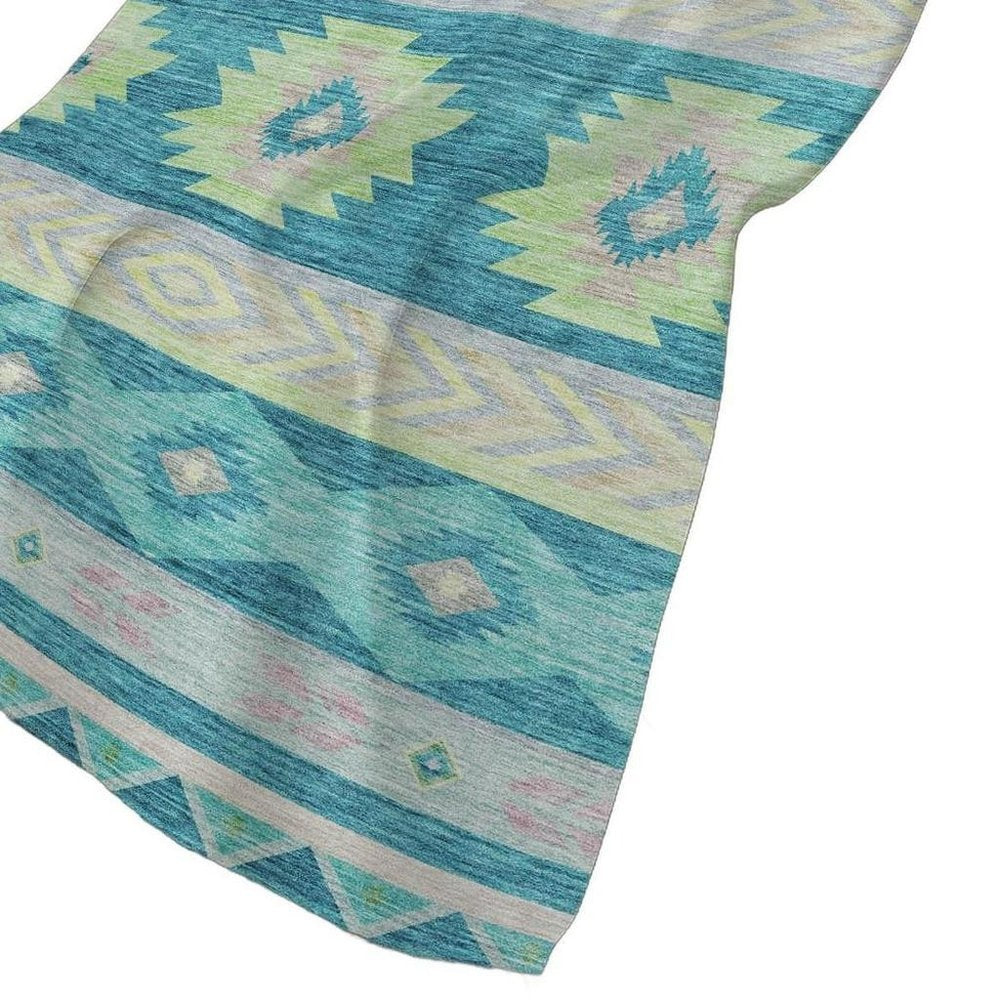 50" X 70" Teal Lime Green And Beige Geometric Polyester Woven Plush Throw Blanket HomeRoots