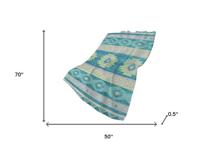50" X 70" Teal Lime Green And Beige Geometric Polyester Woven Plush Throw Blanket HomeRoots