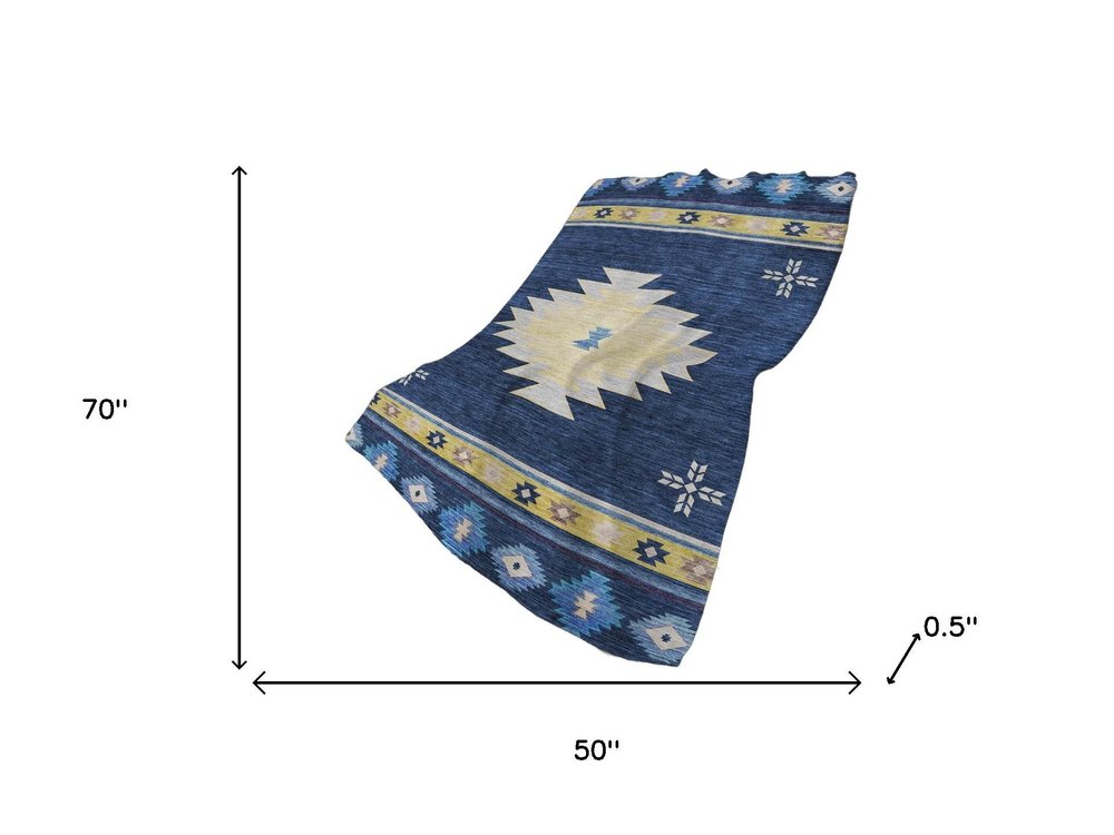 50" X 70" Blue Yellow And Silver Geometric Polyester Woven Plush Throw Blanket HomeRoots