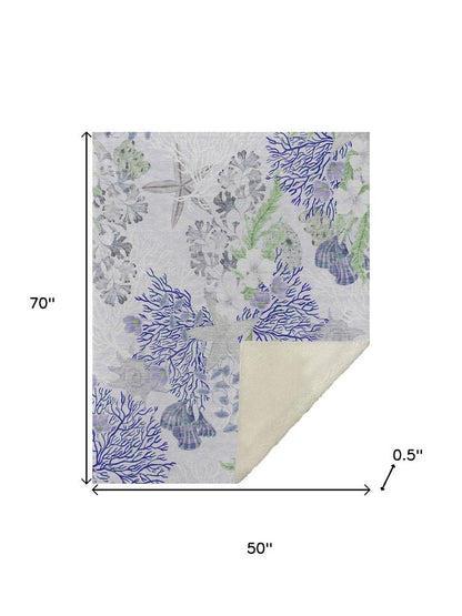 50" X 70" Blue Green And Gray Floral Polyester Woven Plush Throw Blanket HomeRoots