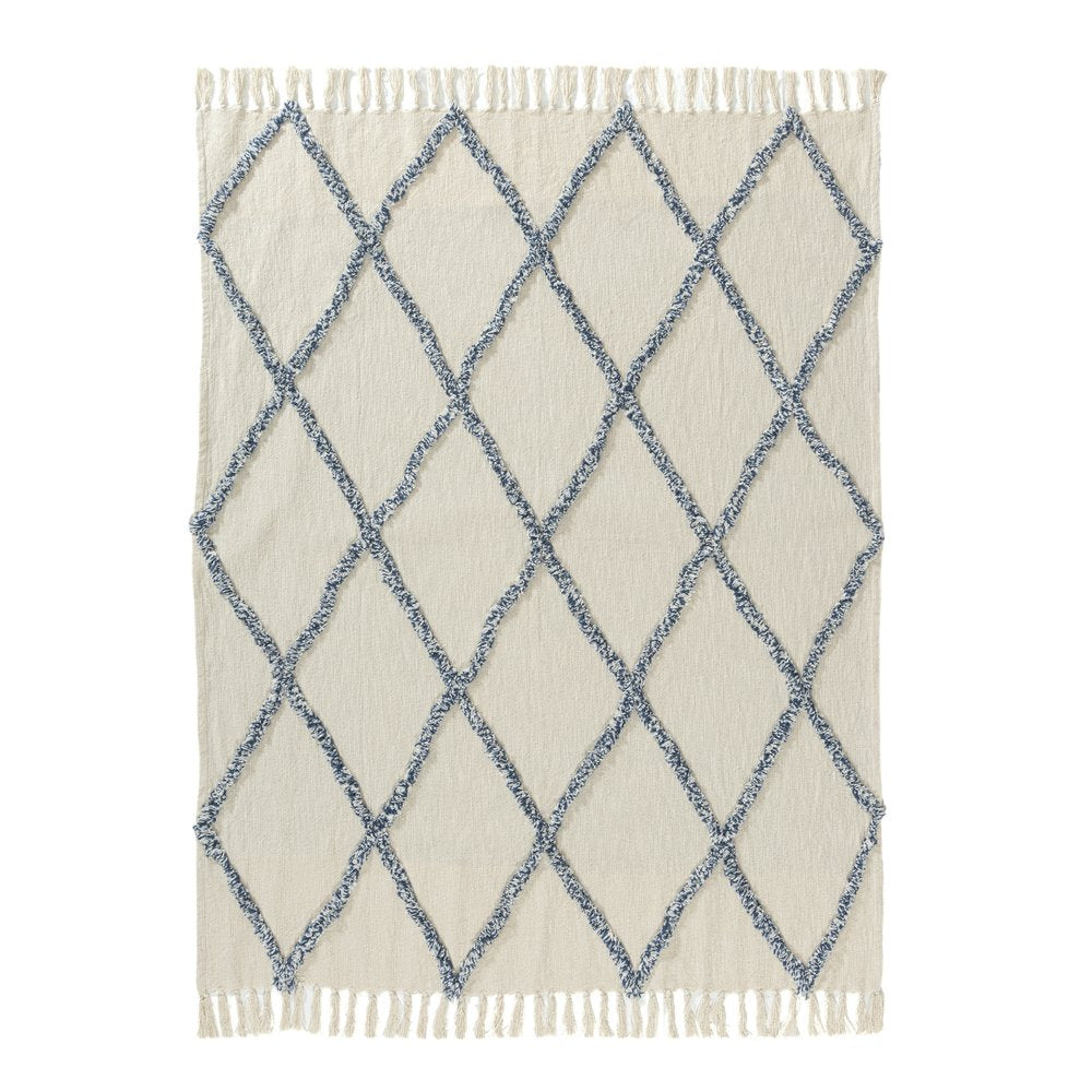 50" X 60" Ivory And Blue Argyle Cotton Woven Throw Blanket HomeRoots