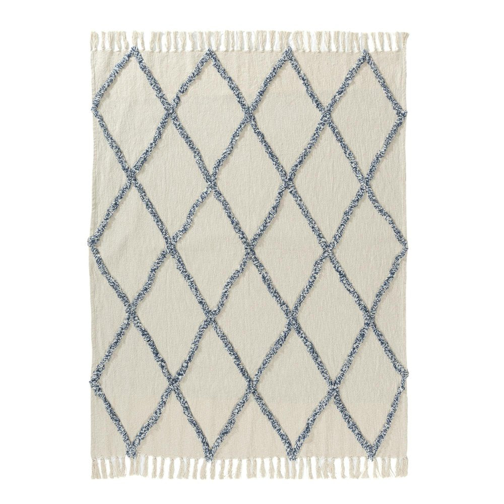 50" X 60" Ivory And Blue Argyle Cotton Woven Throw Blanket HomeRoots