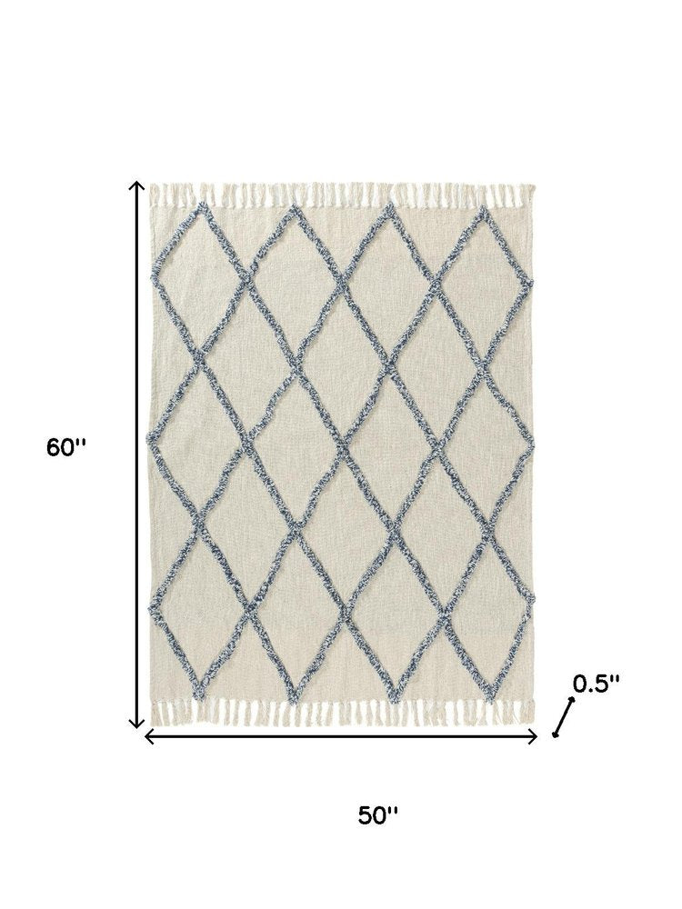 50" X 60" Ivory And Blue Argyle Cotton Woven Throw Blanket HomeRoots