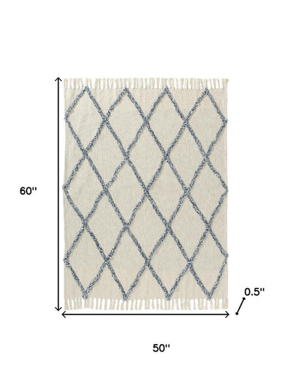 50" X 60" Ivory And Blue Argyle Cotton Woven Throw Blanket HomeRoots