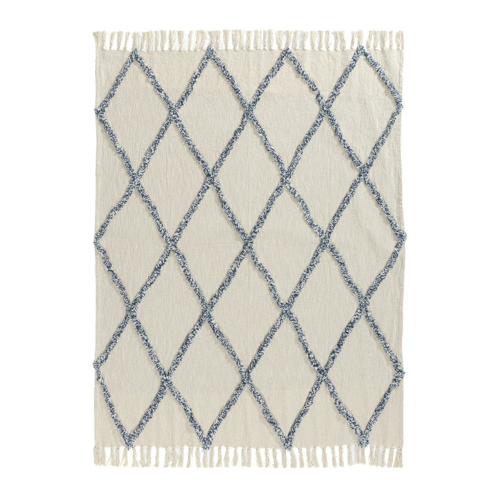 50" X 60" Ivory And Blue Argyle Cotton Woven Throw Blanket HomeRoots