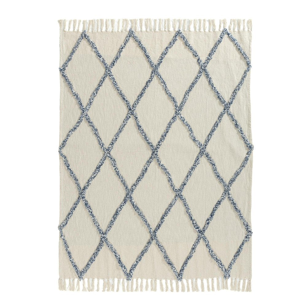 50" X 60" Ivory And Blue Argyle Cotton Woven Throw Blanket HomeRoots