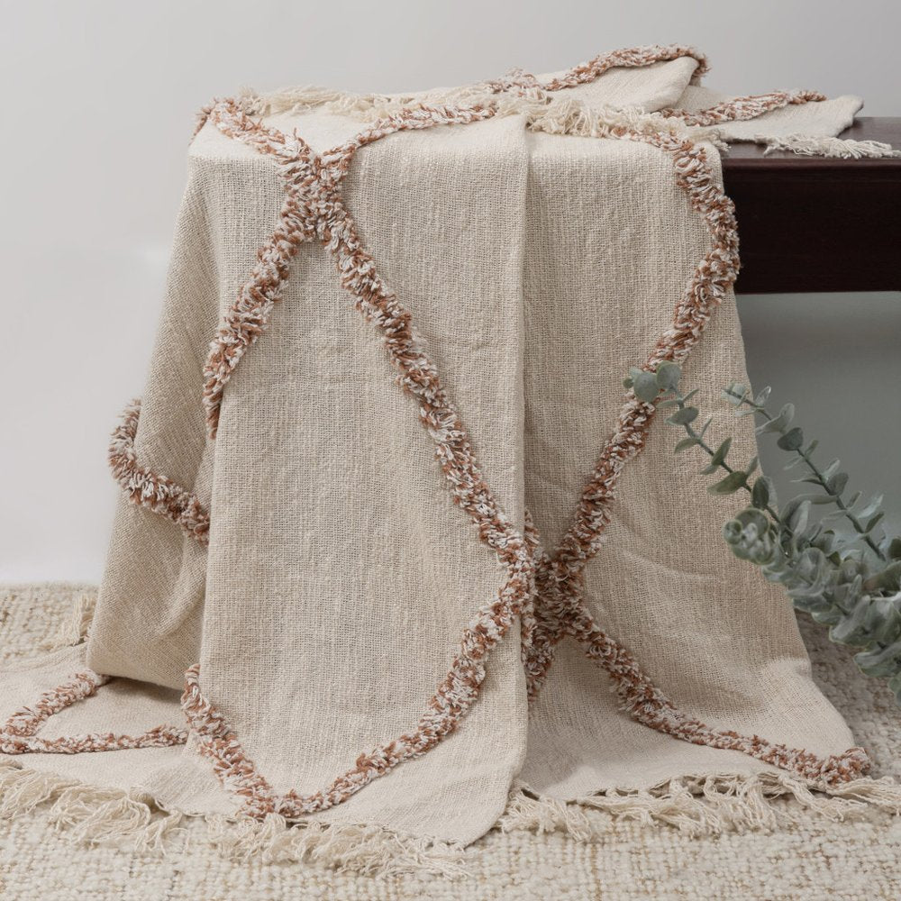 50" X 60" Ivory And Brown Argyle Cotton Woven Throw Blanket HomeRoots