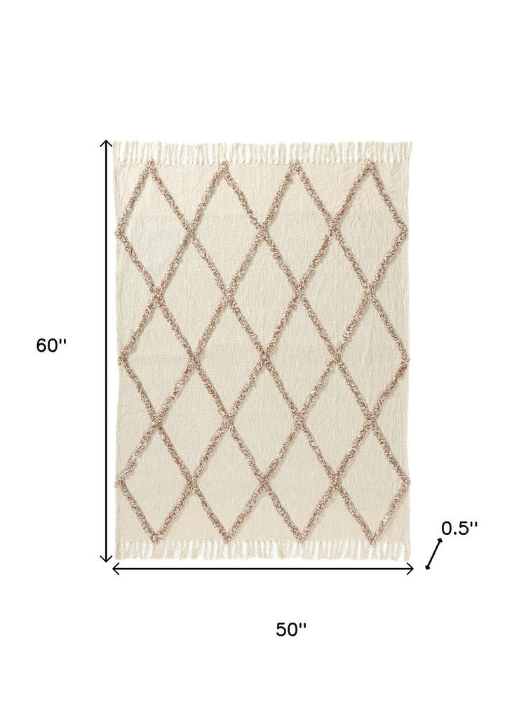 50" X 60" Ivory And Brown Argyle Cotton Woven Throw Blanket HomeRoots