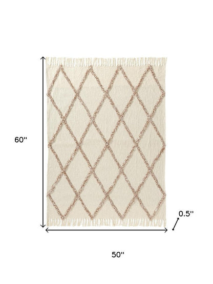 50" X 60" Ivory And Brown Argyle Cotton Woven Throw Blanket HomeRoots