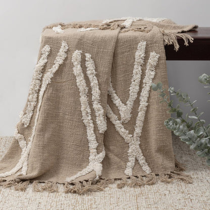 50" X 60" Tan And Ivory Geometric Cotton Woven Throw Blanket HomeRoots