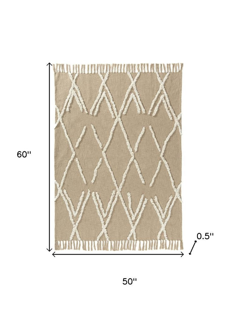 50" X 60" Tan And Ivory Geometric Cotton Woven Throw Blanket HomeRoots