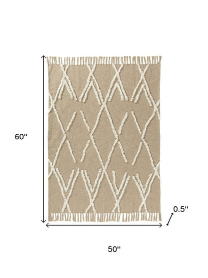 50" X 60" Tan And Ivory Geometric Cotton Woven Throw Blanket HomeRoots