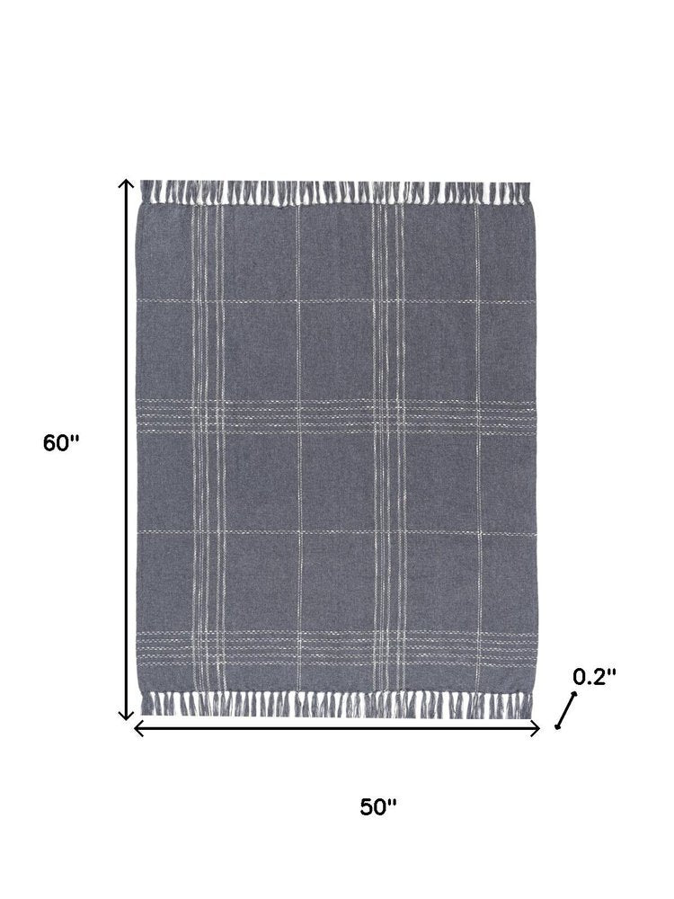 50" X 60" Blue And Ivory Plaid Cotton Blend Woven Throw Blanket HomeRoots