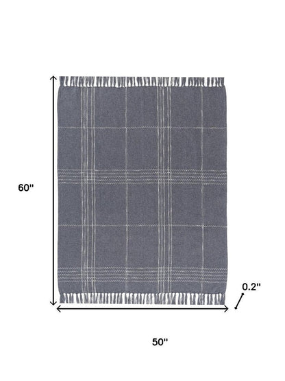 50" X 60" Blue And Ivory Plaid Cotton Blend Woven Throw Blanket HomeRoots