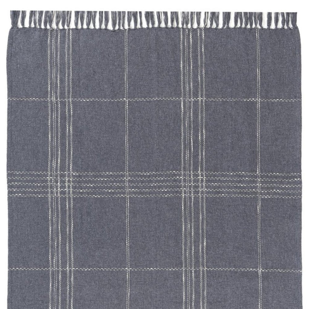 50" X 60" Blue And Ivory Plaid Cotton Blend Woven Throw Blanket HomeRoots
