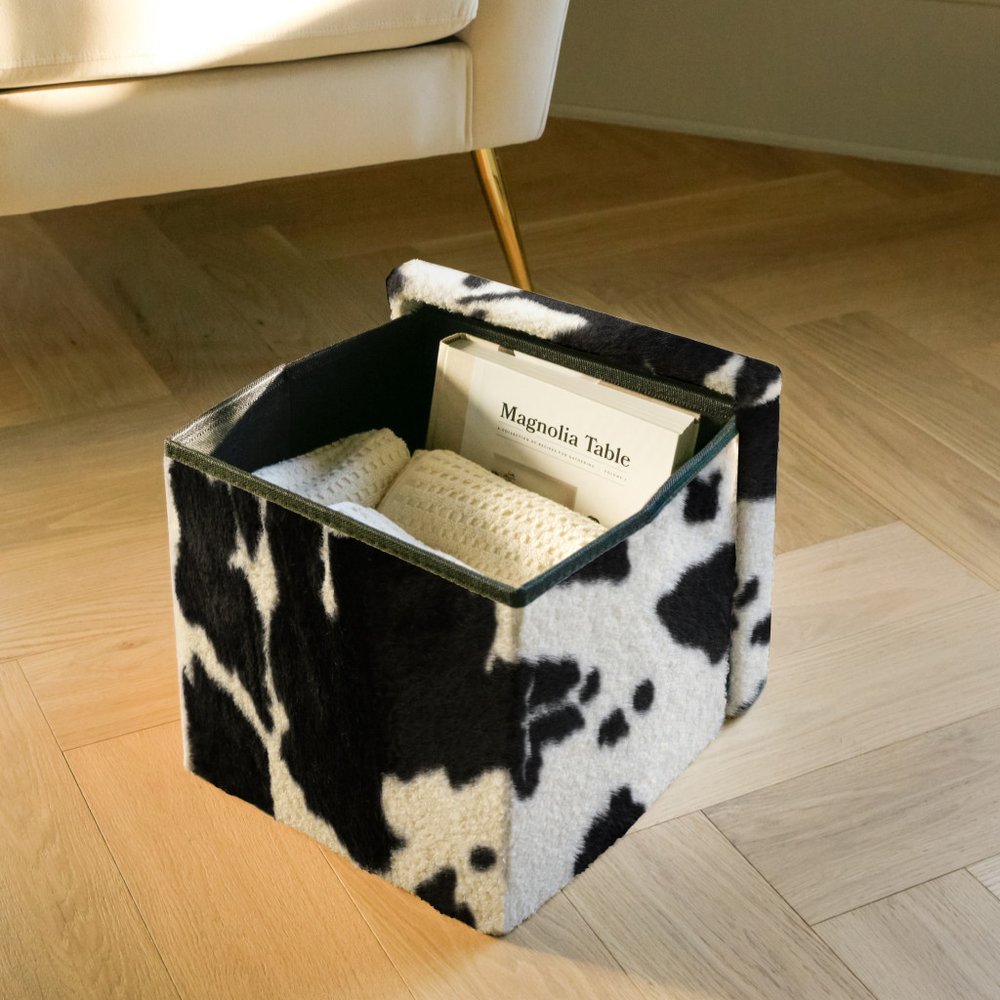 12" Black and White Faux Fur Cow Print Storage Ottoman HomeRoots