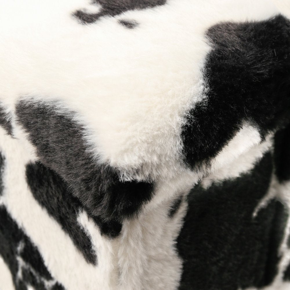 12" Black And White Faux Fur Cow Print Ottoman HomeRoots