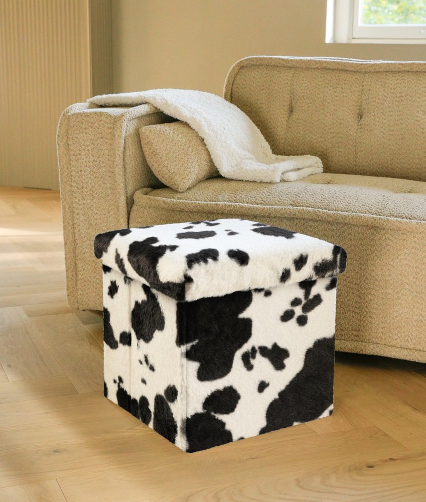 12" Black and White Faux Fur Cow Print Storage Ottoman HomeRoots