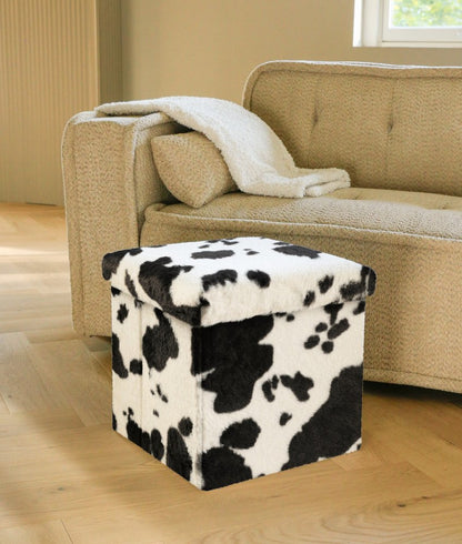 12" Black and White Faux Fur Cow Print Storage Ottoman HomeRoots