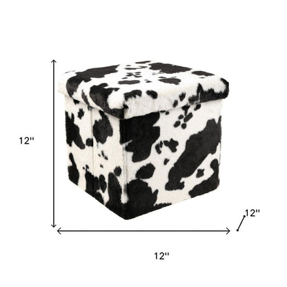 12" Black and White Faux Fur Cow Print Storage Ottoman HomeRoots