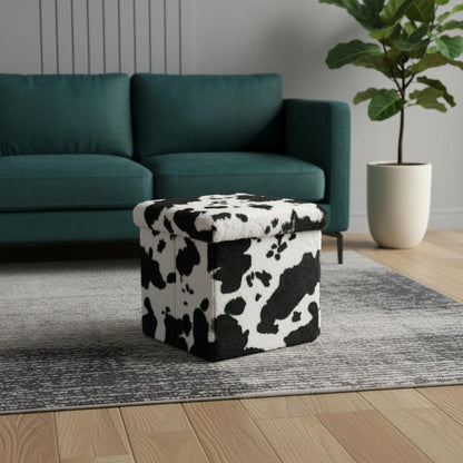 12" Black And White Faux Fur Cow Print Ottoman HomeRoots