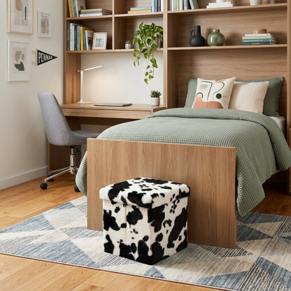 12" Black and White Faux Fur Cow Print Storage Ottoman HomeRoots