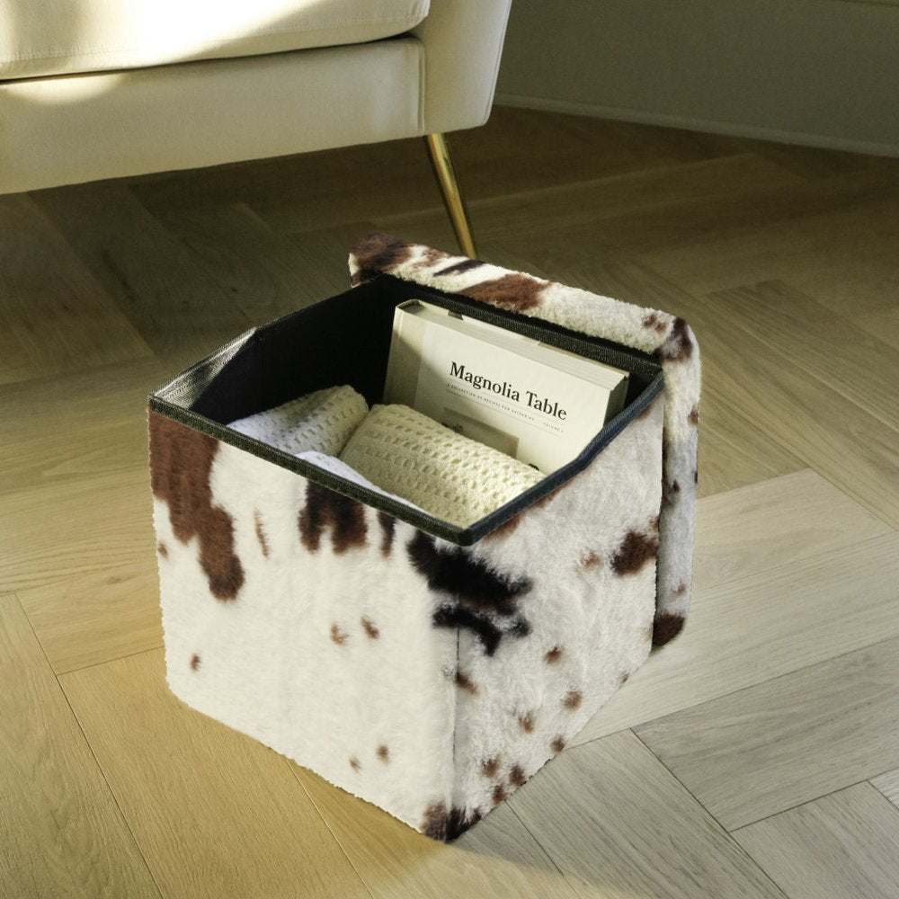 12" Brown and White Faux Fur Cow Print Storage Ottoman HomeRoots