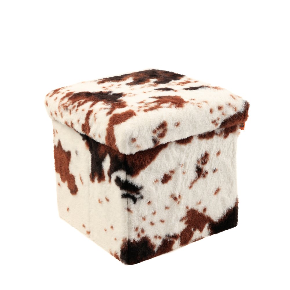 12" Brown and White Faux Fur Cow Print Storage Ottoman HomeRoots
