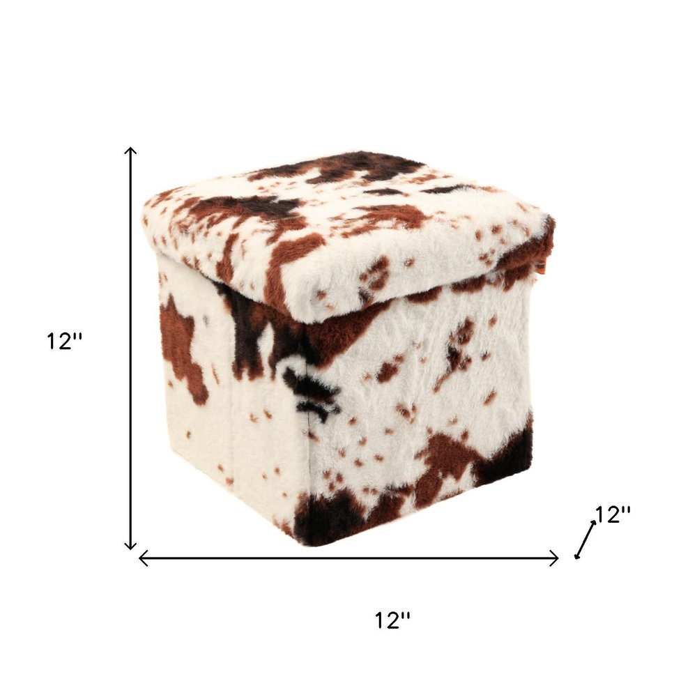12" Brown and White Faux Fur Cow Print Storage Ottoman HomeRoots