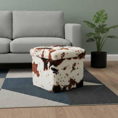 12" Brown and White Faux Fur Cow Print Storage Ottoman HomeRoots