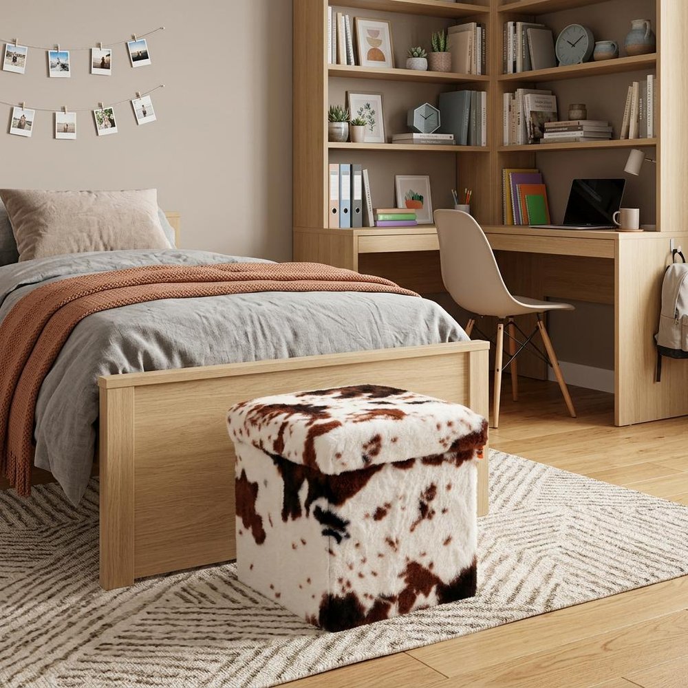 12" Brown and White Faux Fur Cow Print Storage Ottoman HomeRoots