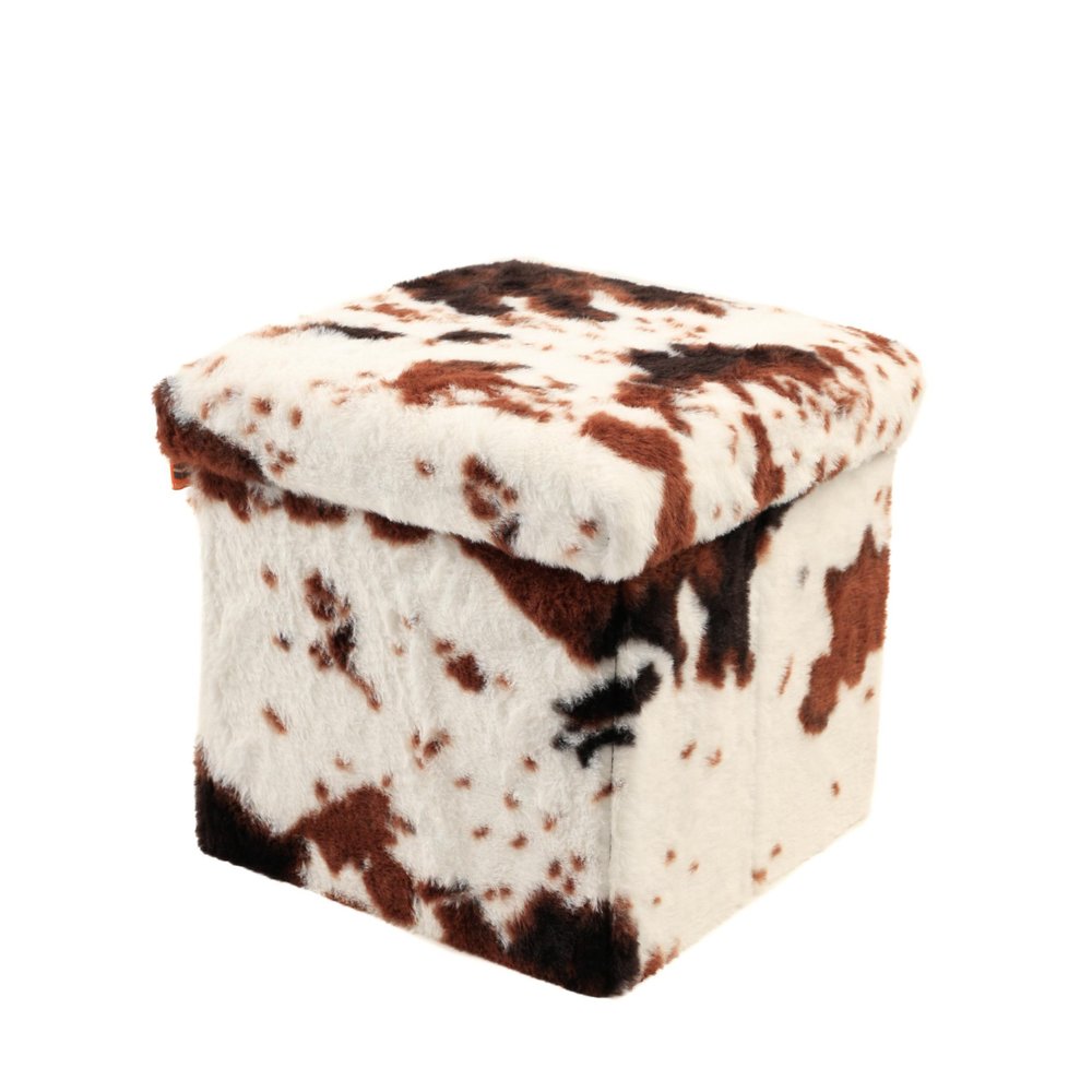 12" Brown And White Faux Fur Cow Print Ottoman HomeRoots