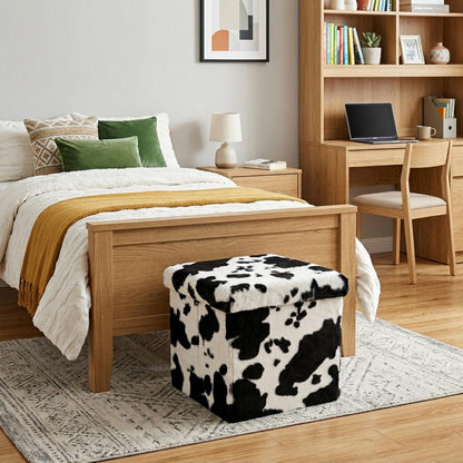 15" Black and White Faux Fur Cow Print Storage Ottoman HomeRoots