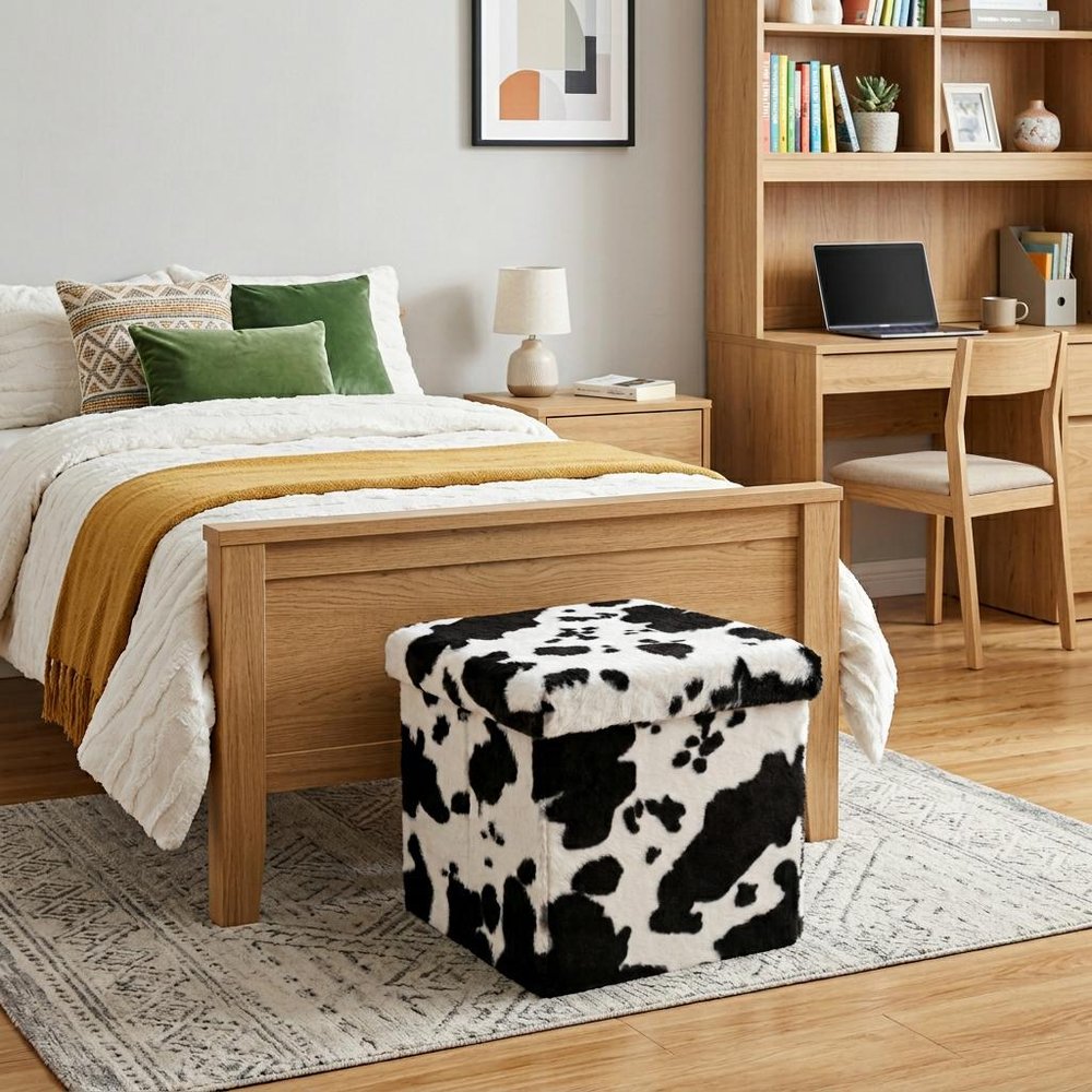 15" Black And White Faux Fur Cow Print Ottoman HomeRoots