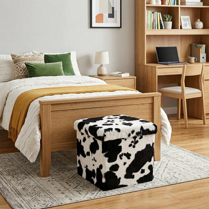 15" Black and White Faux Fur Cow Print Storage Ottoman HomeRoots
